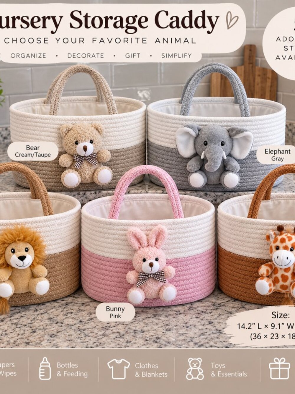 Cotton Rope Nursery Storage Caddy Plush Animal Organizer – NEW